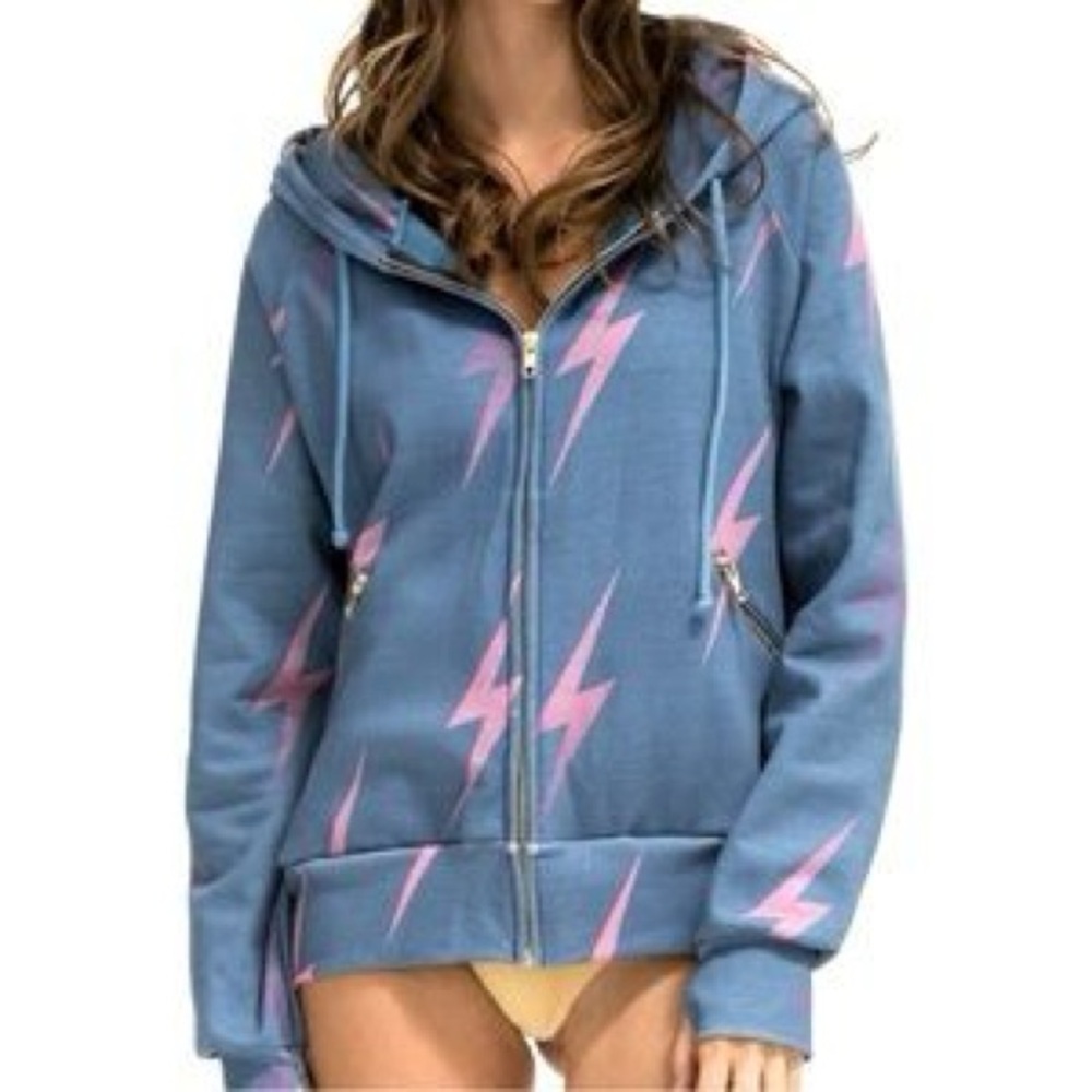 Aviator Nation Blue and Pink Lightning Bolt Repeat Full Zip Hoodie